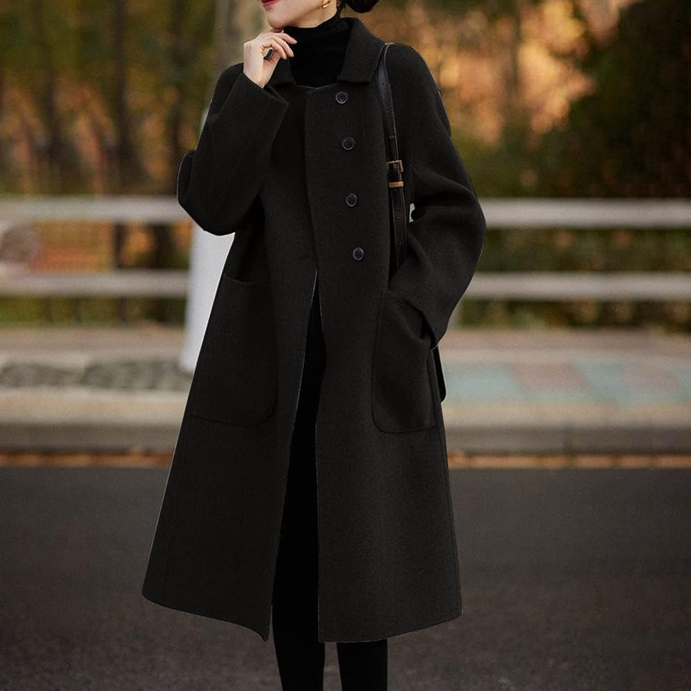 Extra Long Double-Breasted Wool Blend Coat with Shoulder Pads