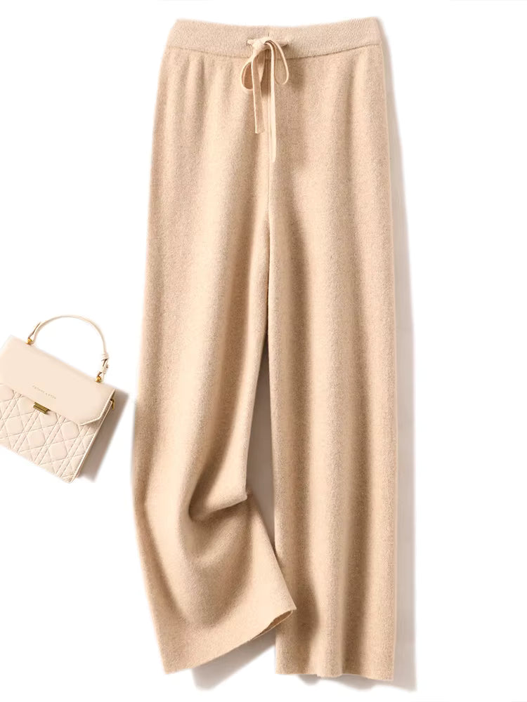 Merino Wool Knit Soft Casual Trousers with Sash