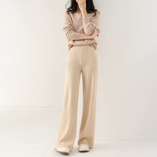 Merino Wool Knit Soft Casual Trousers with Sash