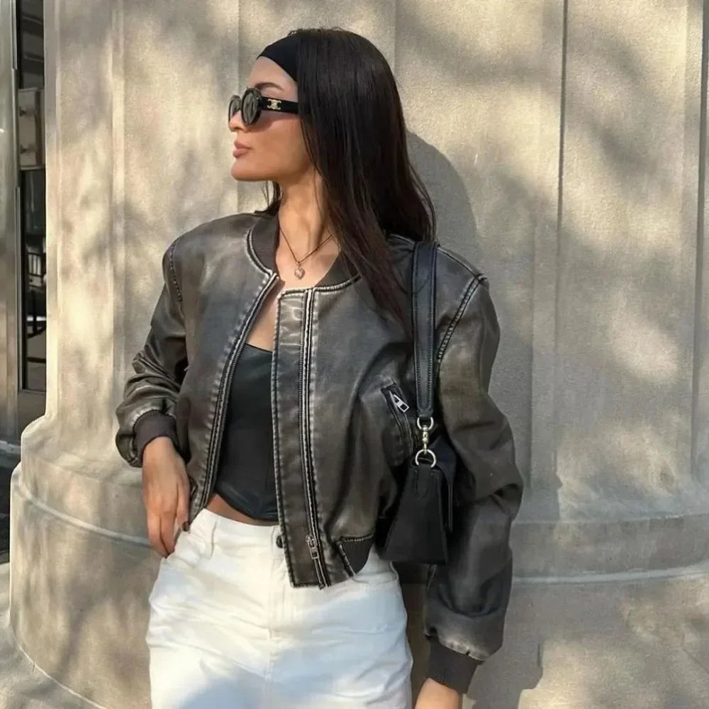 Oversized faux leather jacket back view