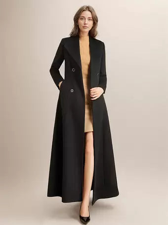 Extra Long Double-Breasted Wool Blend Coat with Shoulder Pads