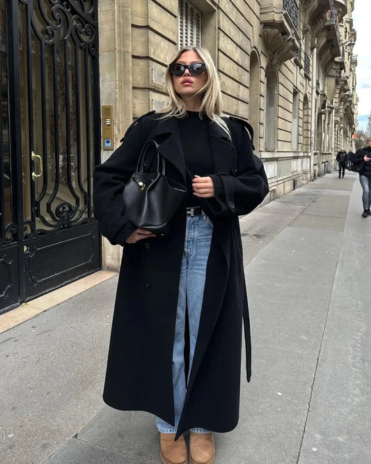 Extra Long Double-Breasted Wool Blend Coat with Shoulder Pads